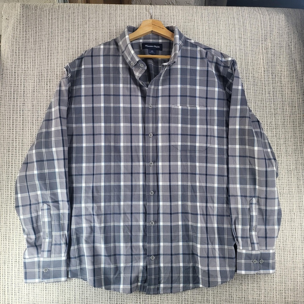 Mizzen+Main Shirt Mens 2XL Gray Blue Plaid Classic Button Down Long Sleeve